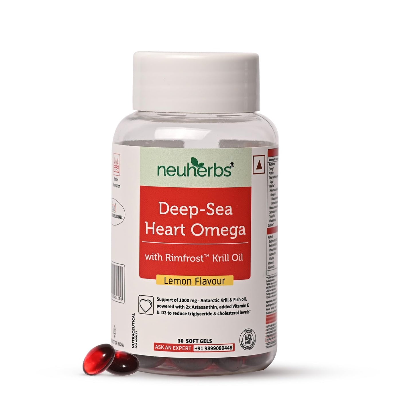 Neuherbs Deep Sea Heart Omega 3 Antarctic Krill Oil 1000mg With 2X Astaxanthin, Phospholipids, Vitamin E & D3 | Supports Heart, Brain & Muscle Health | Lemon Flavour | 30 Softgels