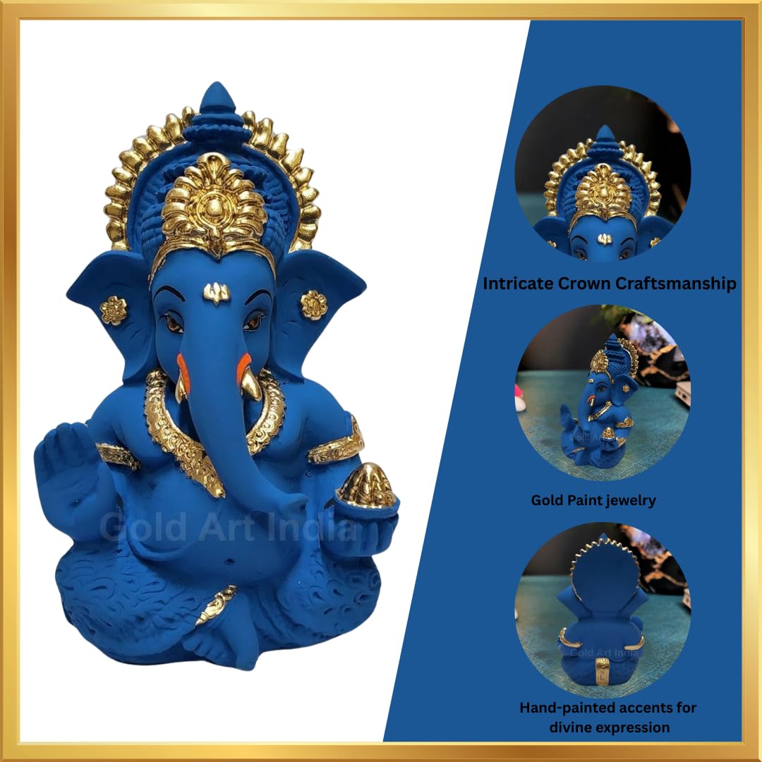 Gold Art India Blue Terracotta Ganesh Idol for Car Dashboard Small Ganesha Murti Ganpati Idol for Home Decor Puja Lord Ganesh Statue Gift for Office Desk Puja Room Figurine (3.5 Inches), Idol