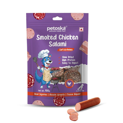 Petoska Smoked Chicken Salami- 100gms | High-Protein Treat for Dogs & Puppies | Made with Real Chicken | Perfect for Training & Snacking | Dogs of All Breeds