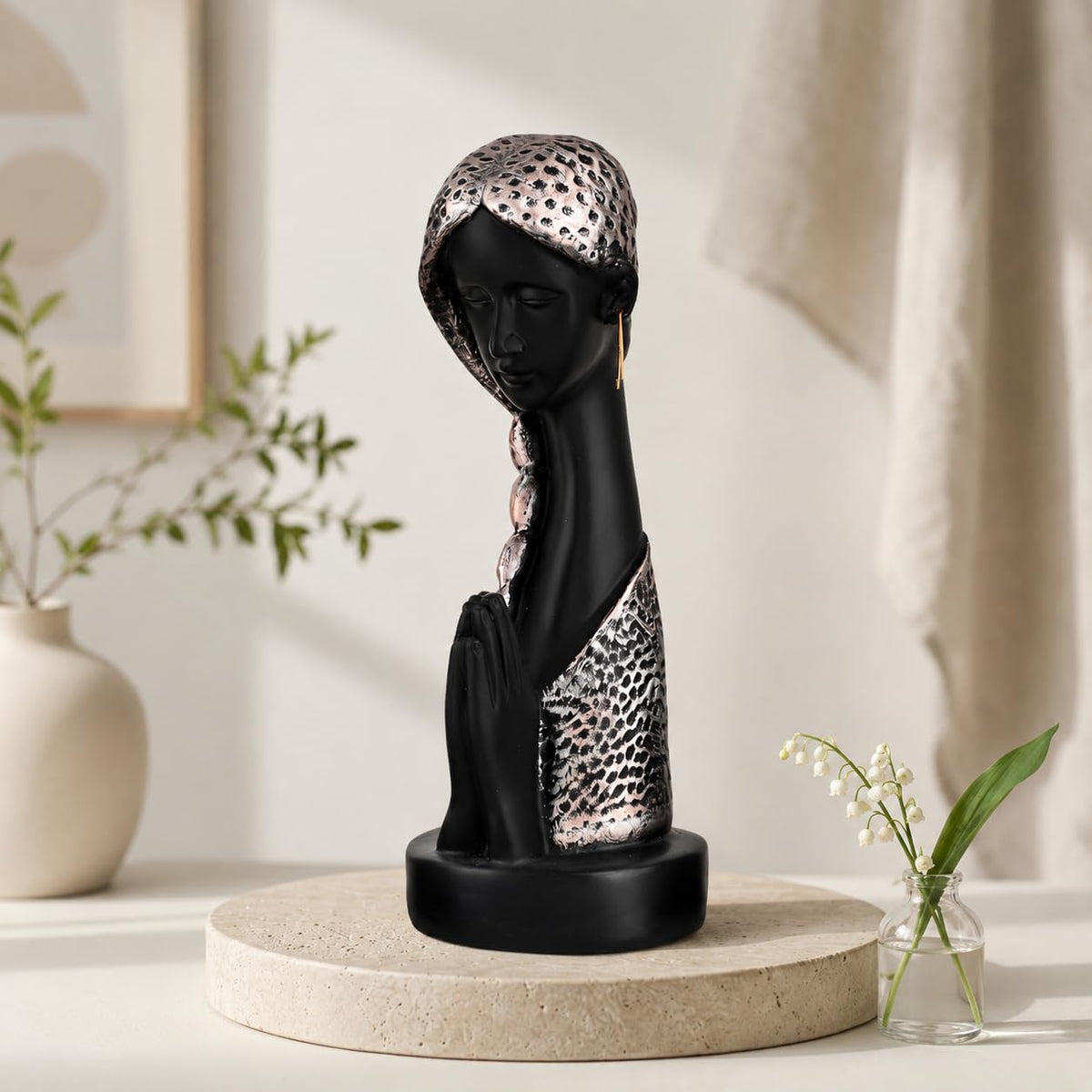 Graceful Resin Namaste Statue of a Girl |Elegant Spiritual Décor (Pack of 1, Black & Silver)