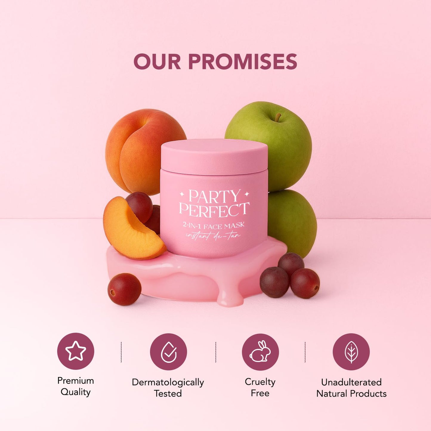Pink face mask jar with fruits on a pink background, featuring 'Party Perfect' text.