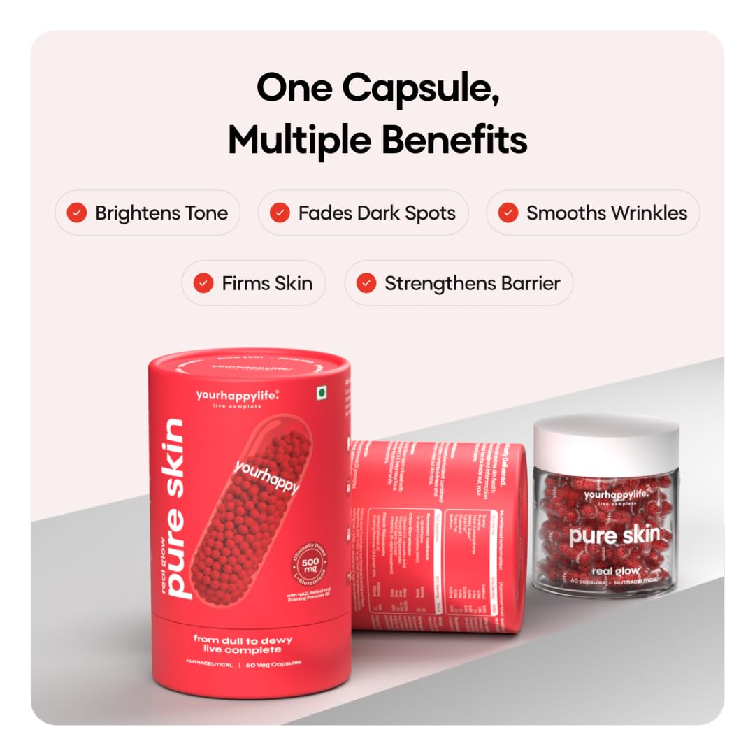 Red capsules and container labeled 'pure skin' with text about benefits on a white background