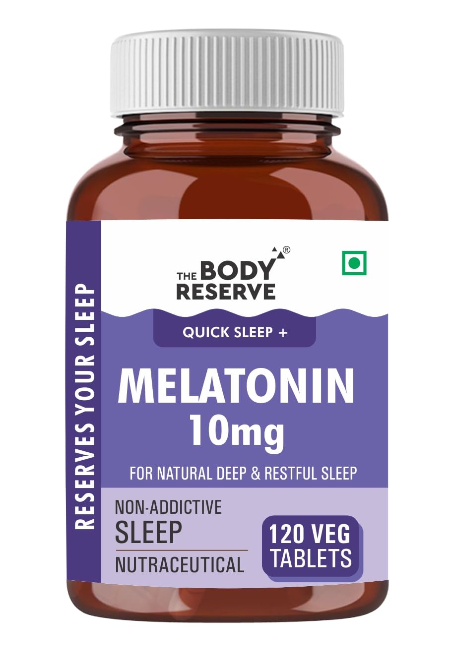 Bottle of The Body Reserve Melatonin 10mg supplement on a white background