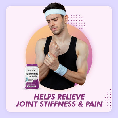 Man holding his wrist with a bottle of supplements labeled 'Healthy Way' on a light purple background.