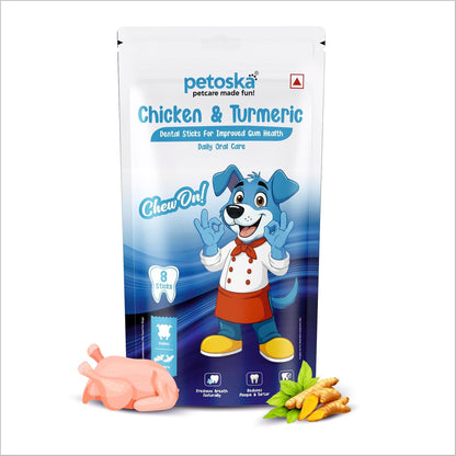 Petoska Dog Dental Sticks – Chicken & Turmeric Flavor, Anti-Bacterial Oral Care Chews for Dogs, Improves Gum Health, Reduces Tartar, Daily Dental Treats for All Breeds