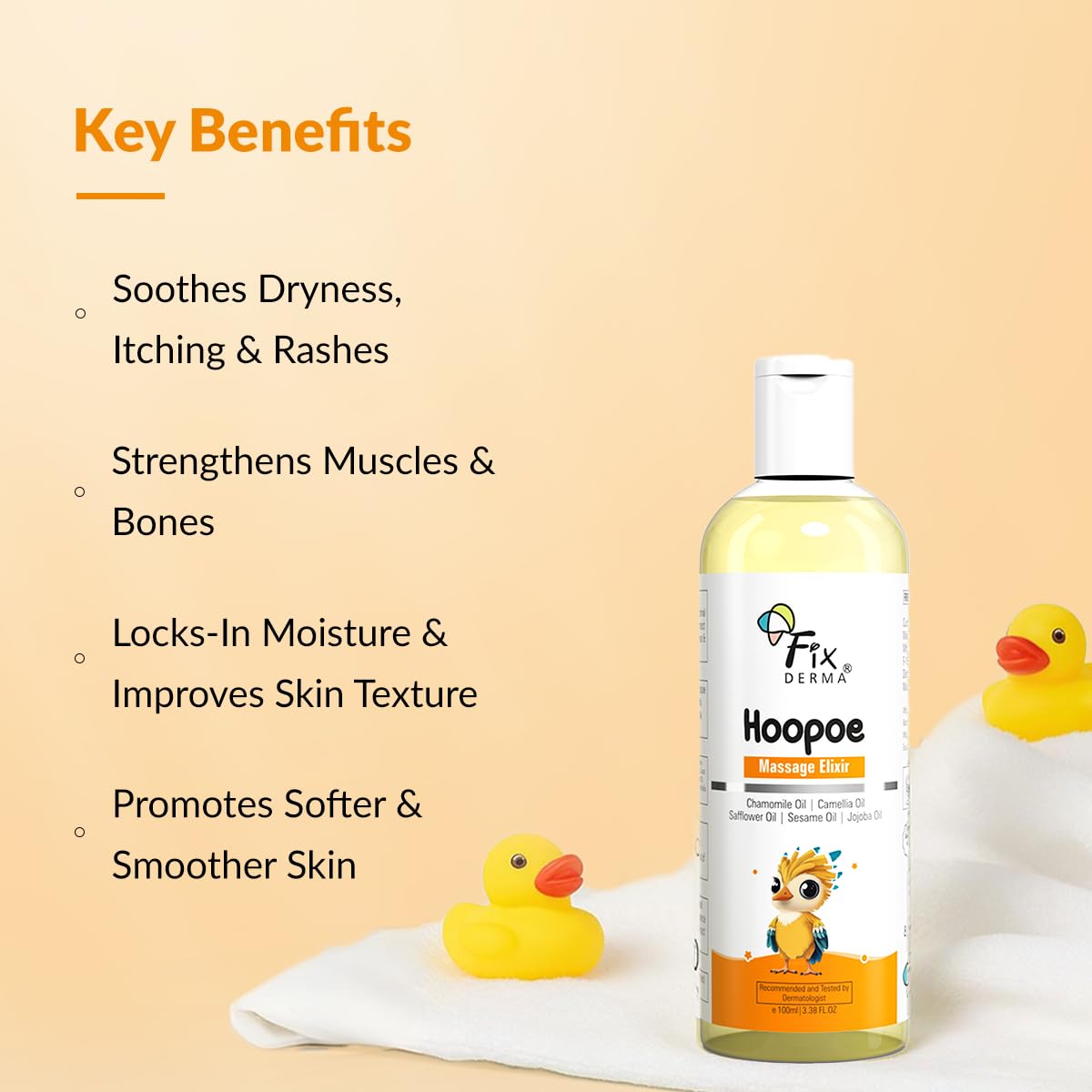 Fixderma Hoopoe Baby Massage Elixir|Baby Oil with Chamomile, Camellia, Safflower, Seasome & Jojoba Oil |Baby Massager Oil | Dermatologist Tested (100 Ml)
