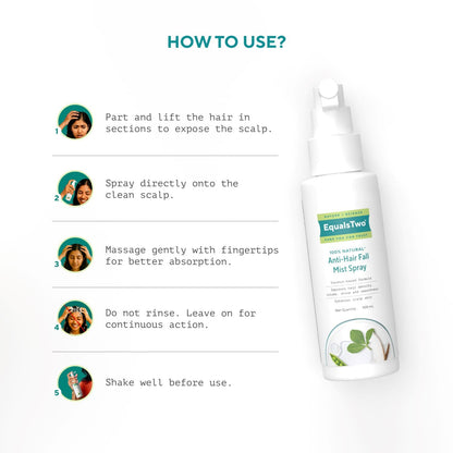 EQUALSTWO by Zydus Anti Hairfall Mist Spray, 100ml | Natural Hair Mist Spray with Bhringraj, Methi & Virgin Coconut Oil | Anti Hair Fall Mist Spray for Hair Density, Shine & Heat Protection, (Pack 1)