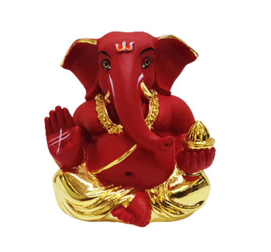 Gold Art India Polyresin Gold Plated Appu Ganesha Red Ganesh Idol for Car Dashboard Small Ganesha Murti Ganpati Idol for Home Decor Puja Lord Ganesh Statue Gift for Office Desk Puja Room Figurine