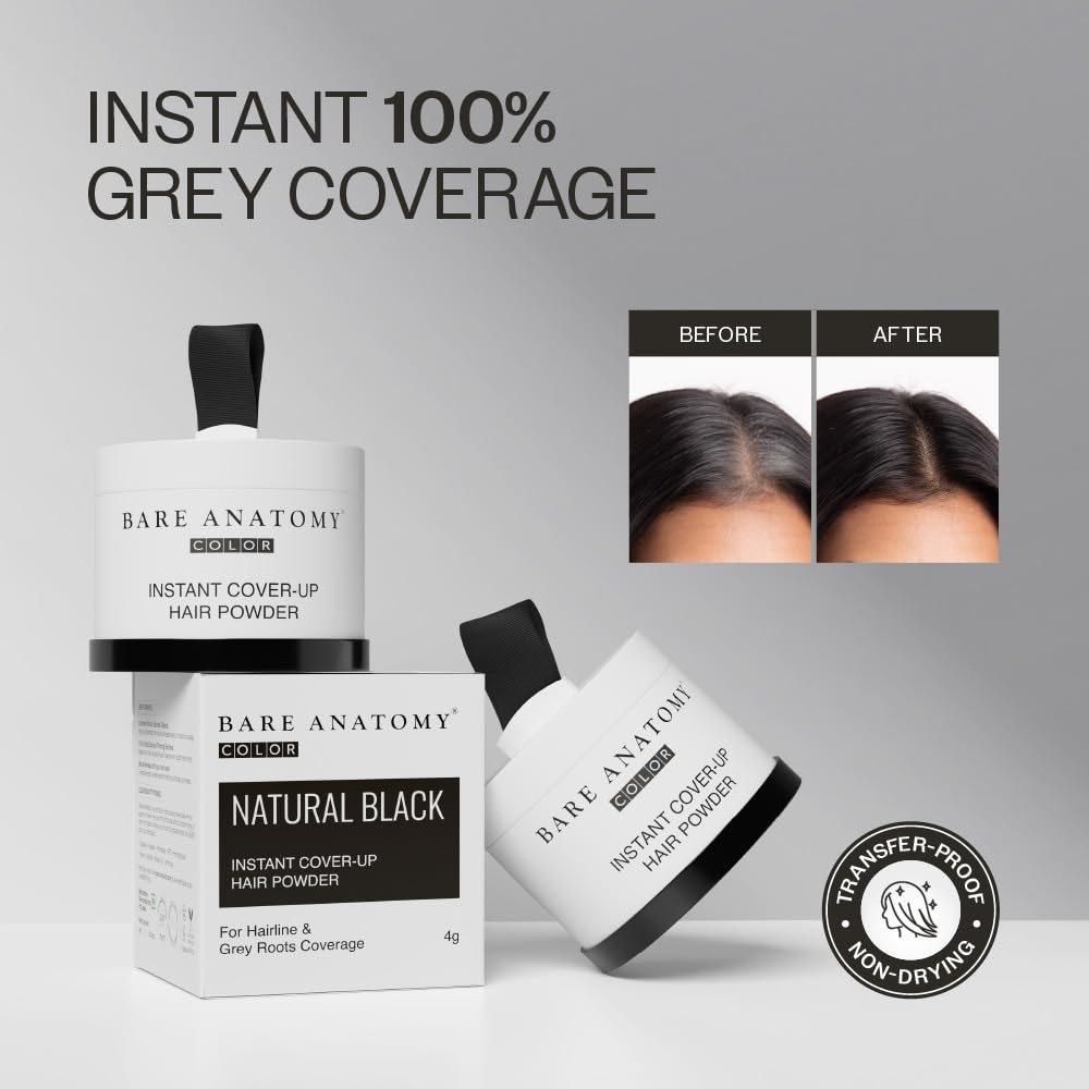 Bare Anatomy hair cover-up product with packaging and 'Before'/'After' images on a gray background.