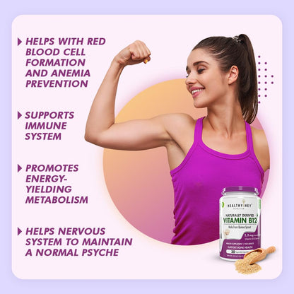 Woman flexing arm with vitamin supplement bottle and text on a light purple background