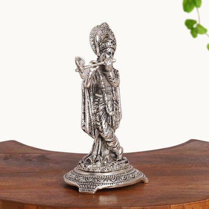 Silver Plated Krishna Playing Flute Idol – Standing Pose Statue for Mandir, Pooja & Home Decor Showpiece