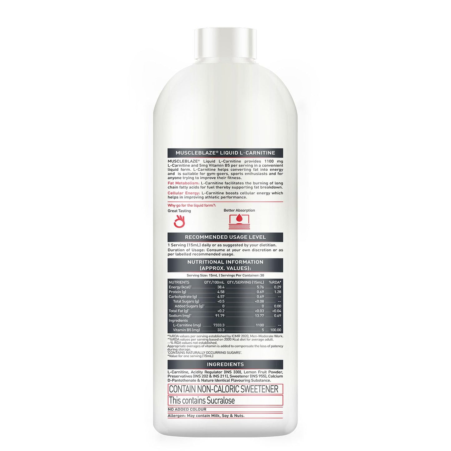 MuscleBlaze Liquid L-Carnitine 1100 Mg (450 Ml,30 Servings)|Converts Fat Into Energy,1 Count