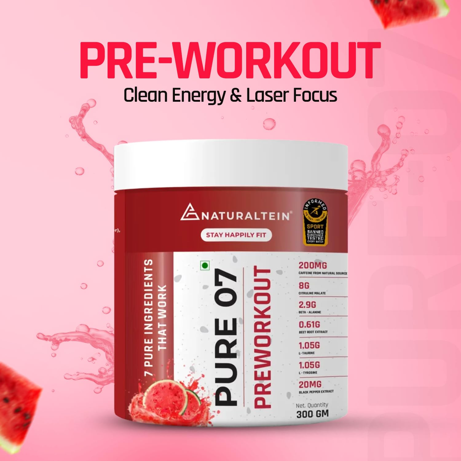 Pre-workout supplement container with visible branding on a pink background