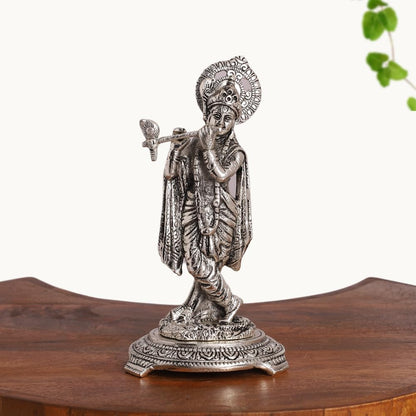 Silver Plated Krishna Playing Flute Idol – Standing Pose Statue for Mandir, Pooja & Home Decor Showpiece