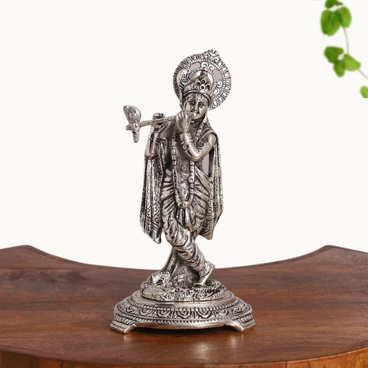 Silver Plated Krishna Playing Flute Idol – Standing Pose Statue for Mandir, Pooja & Home Decor Showpiece