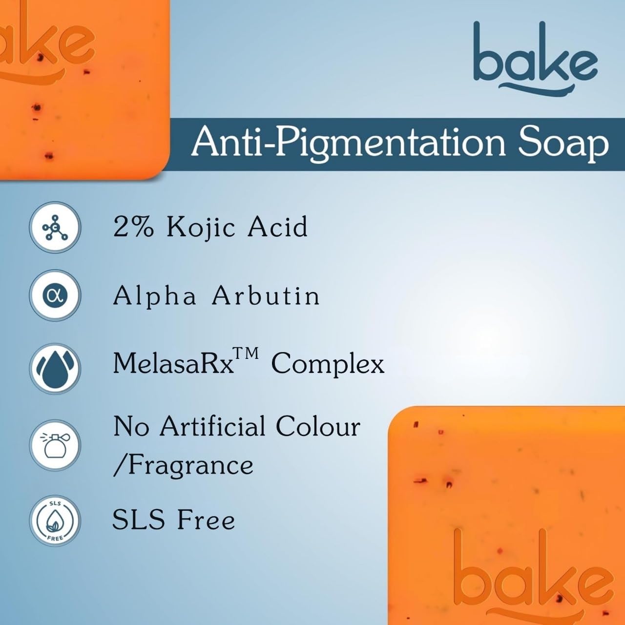 Bake Anti-Pigmentation Soap packaging with ingredients list on a blue background