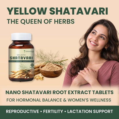 ZEROHARM Holistic Shatavari Supplement - Nano Formulated Shatavari Root Extract Powder for Hormonal Balance & Lactation Support - PCOS PCOD, PMS & Menopause Wellness for Women - 60 Tablets