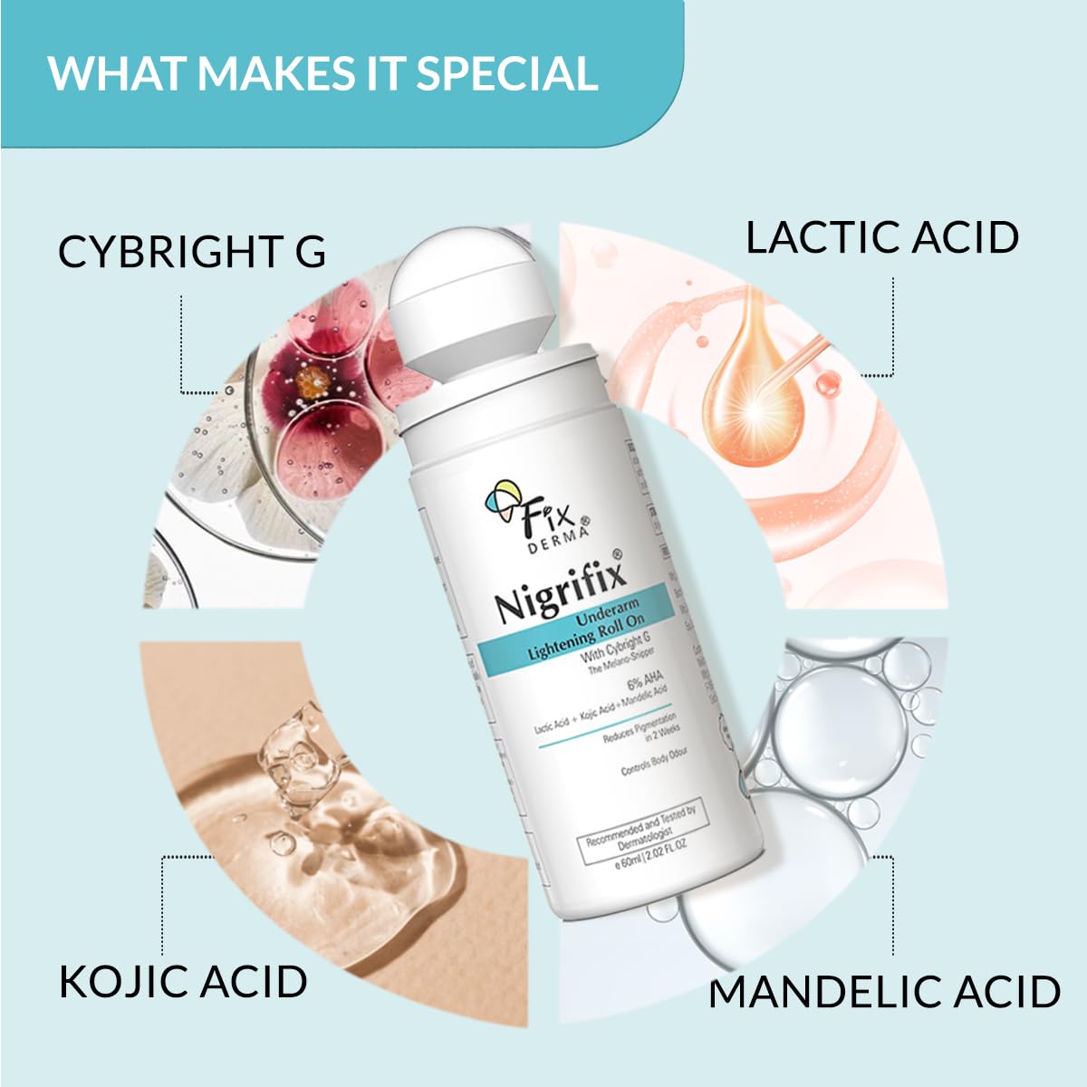 Nigrifix skincare product with ingredients highlighted on a light blue background