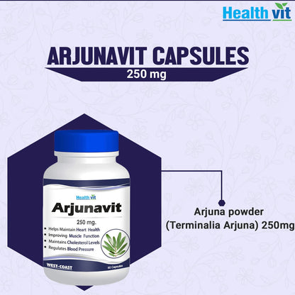 Healthvit Arjunavit capsules 250 mg packaging on a light purple background