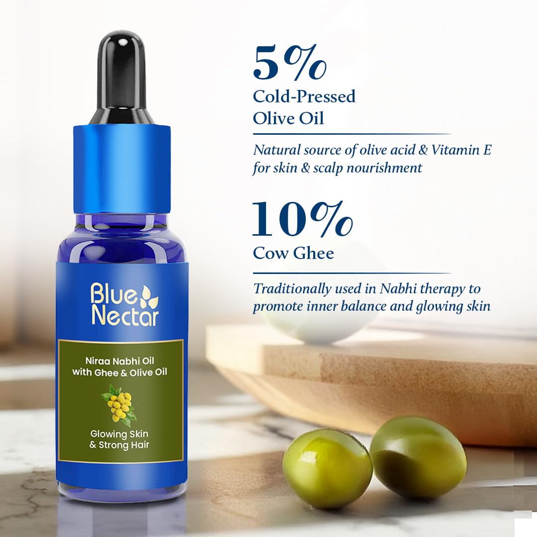 Blue Nectar Nabhi Oil with Ghee & Olive Oil | Ayurvedic Nabhya Dhara Belly Button Oil for Glowing Skin & Strong Hair | Deep Hydration & Nourishment (22 Herbs, 10ml)