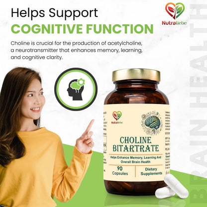 Nutraliebe Choline Bitartrate 550mg – 90 Capsules | Dietary Supplement for Daily Use | Non-GMO & Gluten-Free