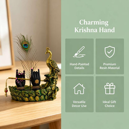 Krishna Hand Mor Pankh Showpiece for Home Decor, Lord Krishna Decorative Statue with Peacock Feather & Flute Design, Spiritual Idol for Living Room, Pooja & Gifting (Green, 22cm)
