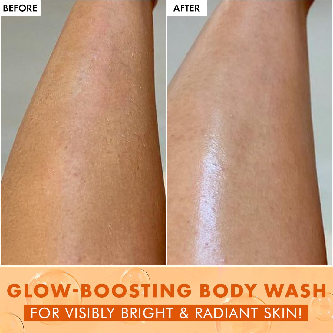 Before and after comparison of glow-boosting body wash on skin