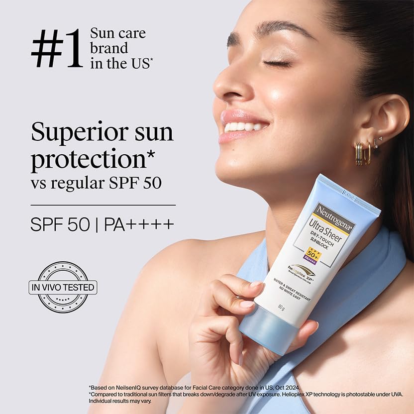 Woman holding Neutrogena sunscreen with text about superior sun protection