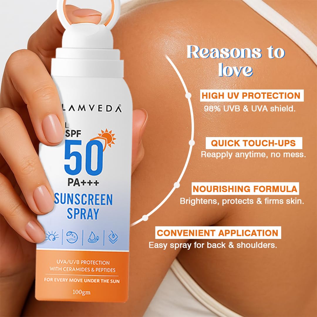Glamveda Body Sunscreen Spray SPF 50 PA+++, Broad Spectrum UVA/UVB and Blue Light Protection, With Ceramides Peptides and Niacinamide, Quick Absorbing Waterproof Formula, No White Cast, For Men and Women, 100 gm