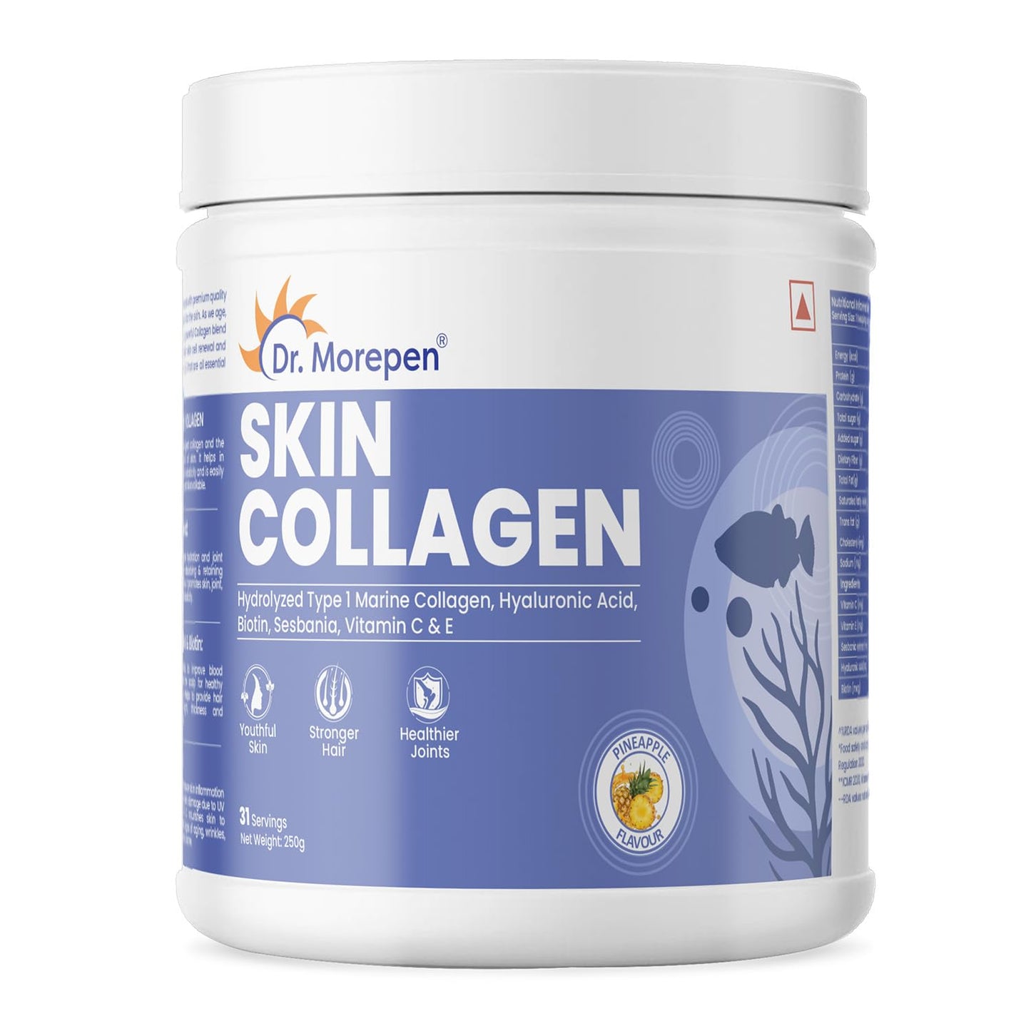 DR. MOREPEN Marine Collagen Skin Protein Powder With Hyaluronic Acid, Vitamin C, Sesabania & Biotin | Pineapple Flavour | 250g
