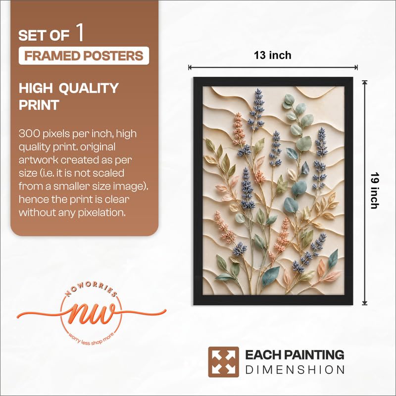 Floral Botanical Wall Painting with Frame | Premium Textured Flower & Leaf Artwork, Pastel Nature Wall Decor Framed for Living Room Bedroom Office and Home Decoration (Art-11,13x19inch)