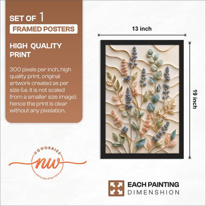 Floral Botanical Wall Painting with Frame | Premium Textured Flower & Leaf Artwork, Pastel Nature Wall Decor Framed for Living Room Bedroom Office and Home Decoration (Art-11,13x19inch)