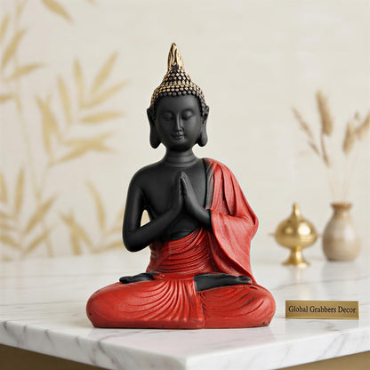 New Namaste Praying Buddha Statue showpiece Idol Home Decor Items for Living Room and Gifts (RED Black)