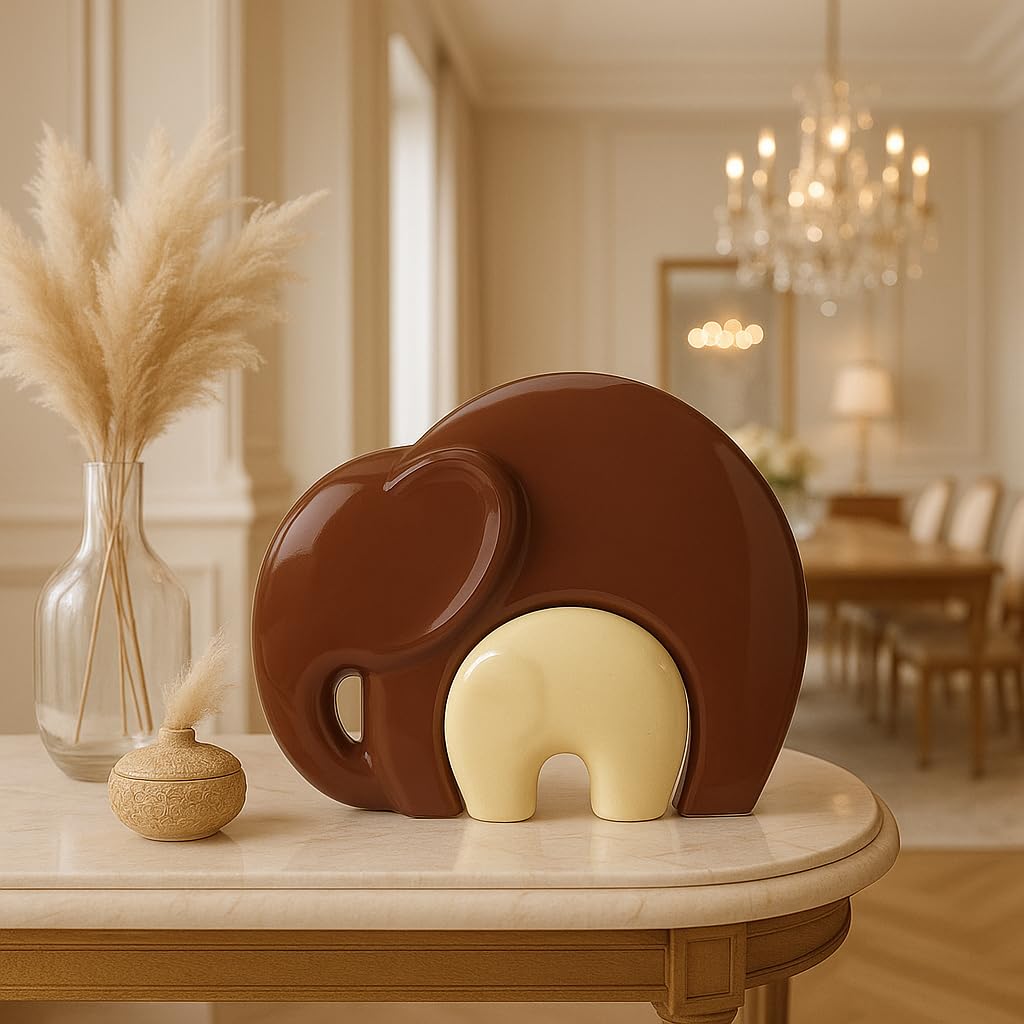 Home Décor Lucky Charm Elephant Mother & Child | Piano Finish Ceramic Figures - (Set of 2 Piece, Brown and Cream)