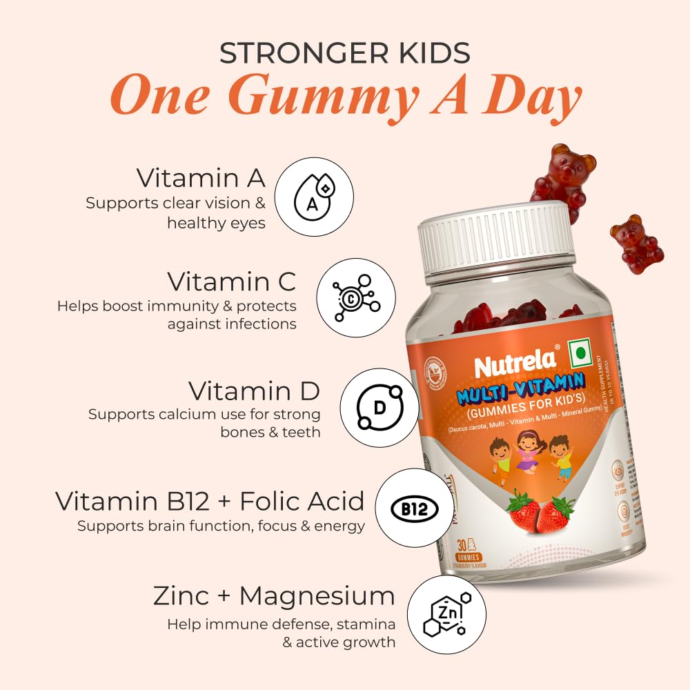 Nutrela Kids Multivitamin Gummies | Strawberry Flavour | Supports Immunity, Bone Health & Energy | 30 Gummies Pack of 2 | For Age 5+ | No Gelatin, No Artificial Colors.