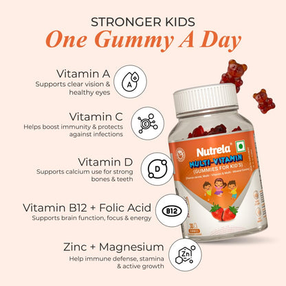 Nutrela Kids Multivitamin Gummies | Strawberry Flavour | Supports Immunity, Bone Health & Energy | 30 Gummies Pack of 2 | For Age 5+ | No Gelatin, No Artificial Colors.