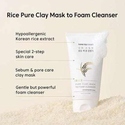 THANKYOU FARMER Rice Pure Clay Mask to Foam Cleanser (150ml) 2-in-1 Korean Rice Face Mask & Foam Face Wash For Deep Cleansing, Pore Care, Sebum Control, Blackhead Removal & Skin Brightening