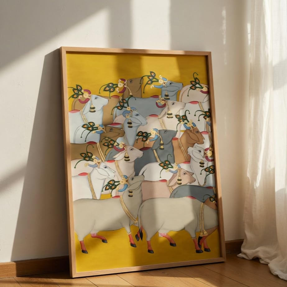 Pichwai Cow Wall Painting with Wooden Frame | Traditional Krishna Cow Artwork HD UV Laminated MDF Wall Decor | Spiritual Indian Pichwai Art for Living Room Temple Decor