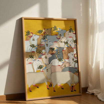 Pichwai Cow Wall Painting with Wooden Frame | Traditional Krishna Cow Artwork HD UV Laminated MDF Wall Decor | Spiritual Indian Pichwai Art for Living Room Temple Decor