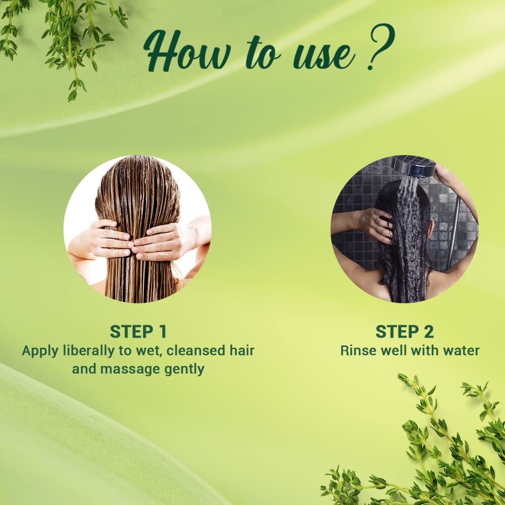 Instructions on how to use a hair product with text and images of hands holding hair and a bottle.