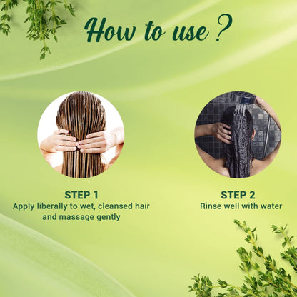 Instructions on how to use a hair product with text and images of hands holding hair and a bottle.
