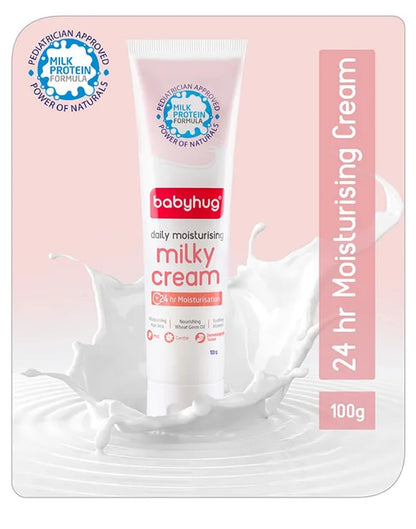 Babyhug Daily Moisturizing Milky Cream for Newborn Babies, Milk Protein Formula, 100 g | Dermatologically Tested, Pediatrician Approved | Silicone, Paraben, Phthalete, Sulphate Free