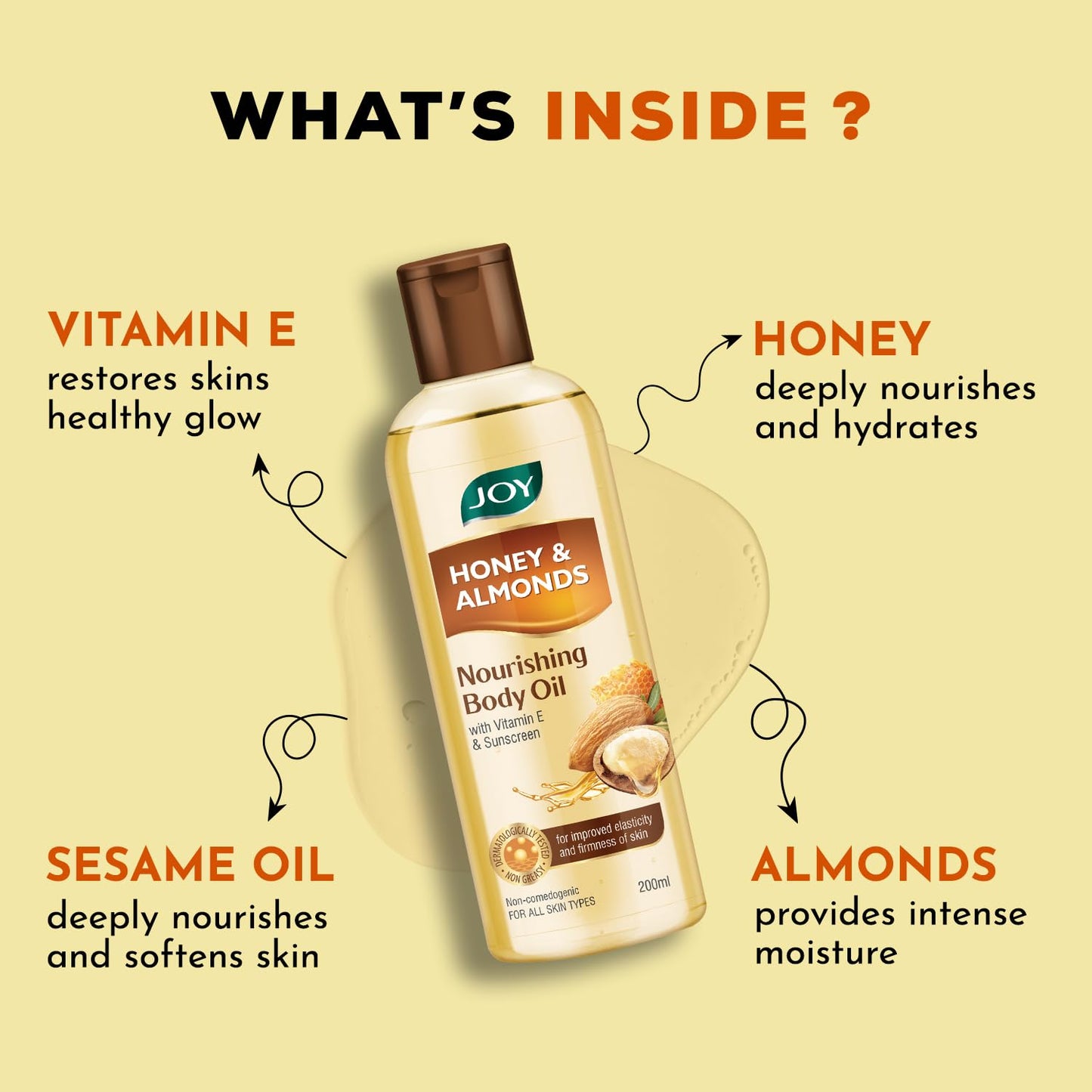 Joy Honey & Almonds Body Oil – After-Bath Daily-Use Badam Massage Oil with Vitamin E & Sunscreen | Full-Body Relaxation, Dry-Skin & Winter Moisture | 200 ml