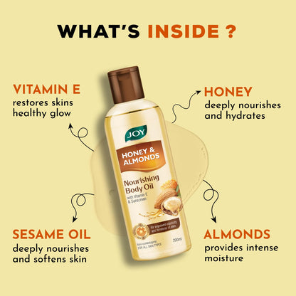 Joy Honey & Almonds Body Oil – After-Bath Daily-Use Badam Massage Oil with Vitamin E & Sunscreen | Full-Body Relaxation, Dry-Skin & Winter Moisture | 200 ml