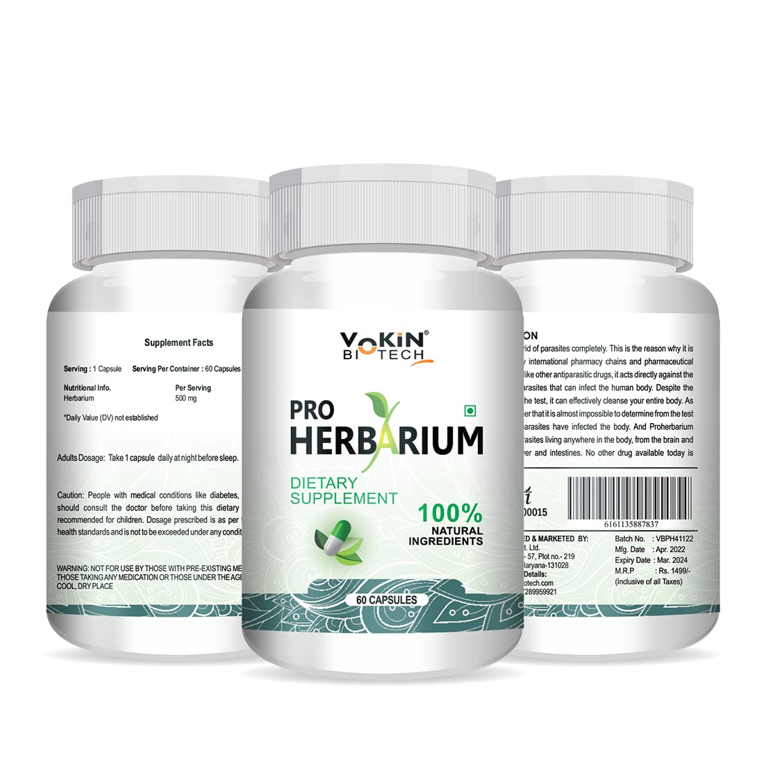 Three bottles of Pro Herbarium dietary supplement by Yokin Biotech on a white background