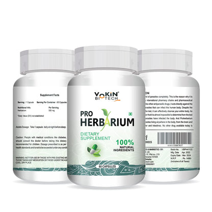 Three bottles of Pro Herbarium dietary supplement by Yokin Biotech on a white background
