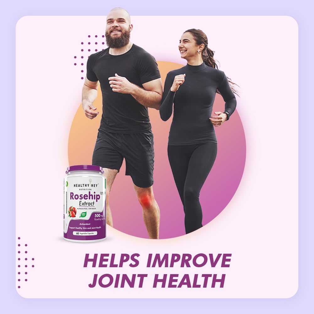 Two people running with a supplement bottle labeled 'Rosehip Extract' on a gradient background.
