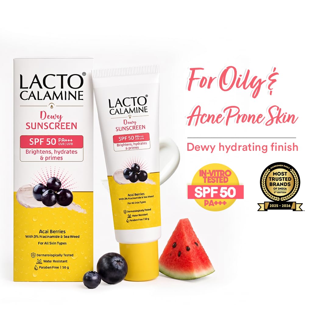 Lacto Calamine Dewy Glow Lightweight Sunscreen SPF 50 PFA +++ UVA & UVB Protection-Oily Skin | Acai Berries, Niacinamide & Watermelon | Dermatologically Tested | 50g