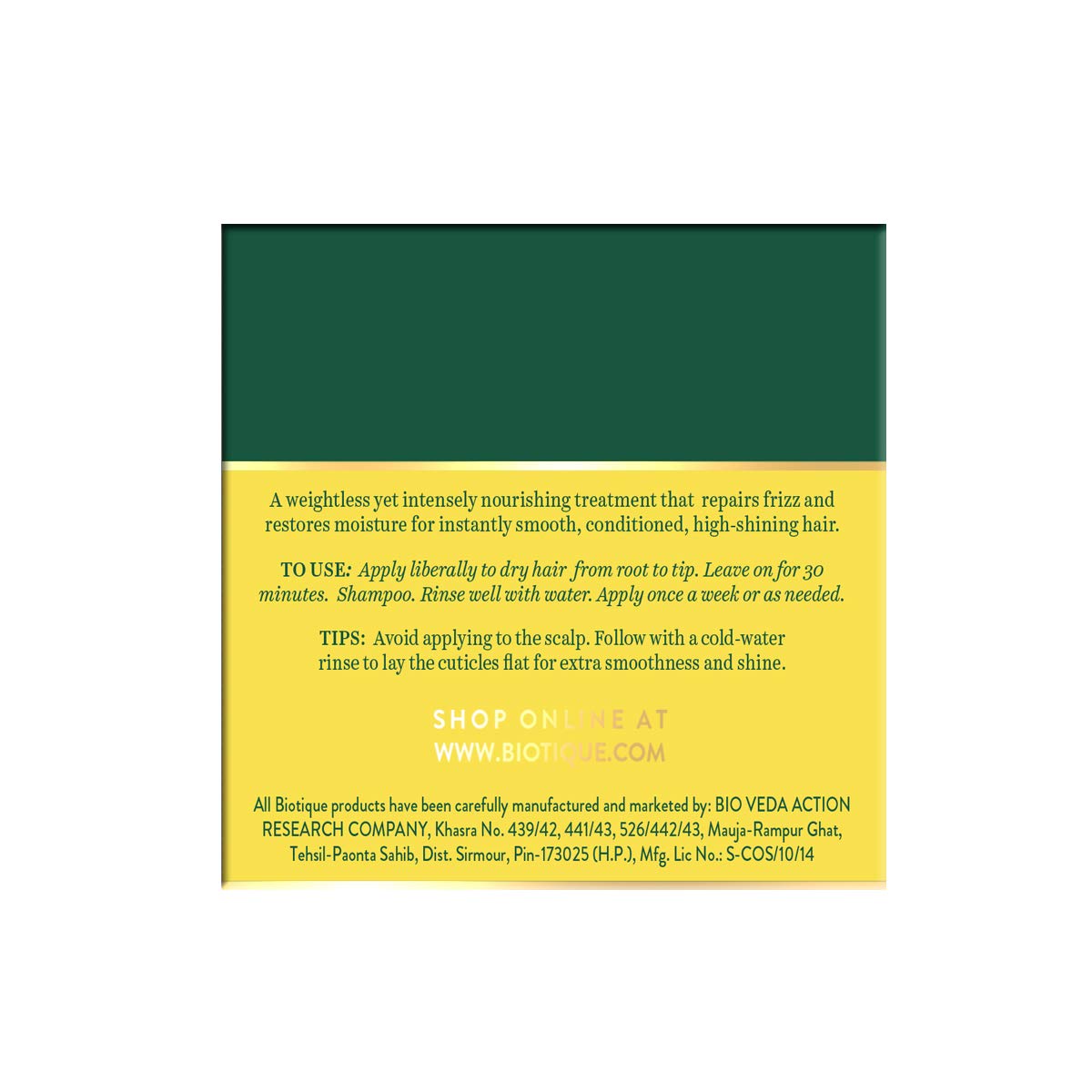 Product label with green and yellow background on a white background