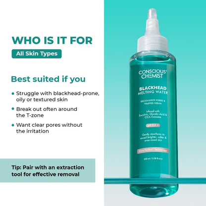 Bottle of Conscious Chemist Blackhead Melting Water with product description on a teal background